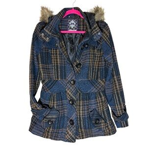 DOLLHOUSE Pea Coat Hooded Jacket.in Blue, Brown and Black Plaid. Sz-M
